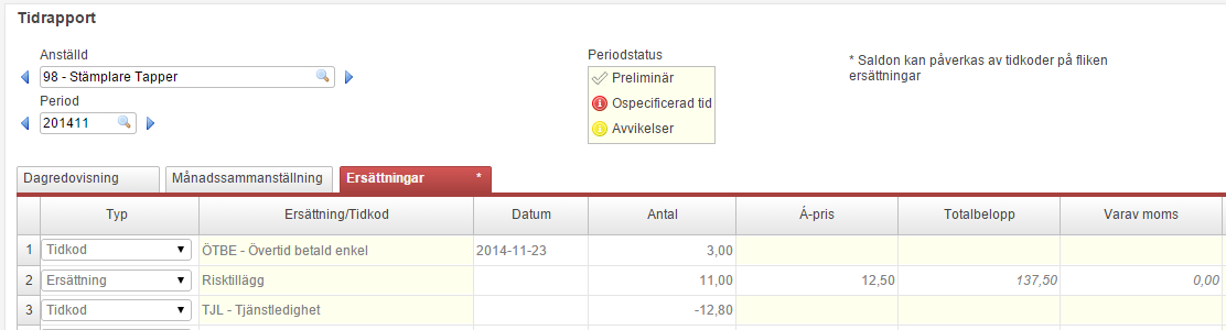 Flex HRM Time Användarmeddelande (december 2014) 7 Om en anställd under en period exempelvis rapporterat 11 timmar på Avdelning 10, genereras ersättningen Risktillägg ut på ersättningsfliken enligt