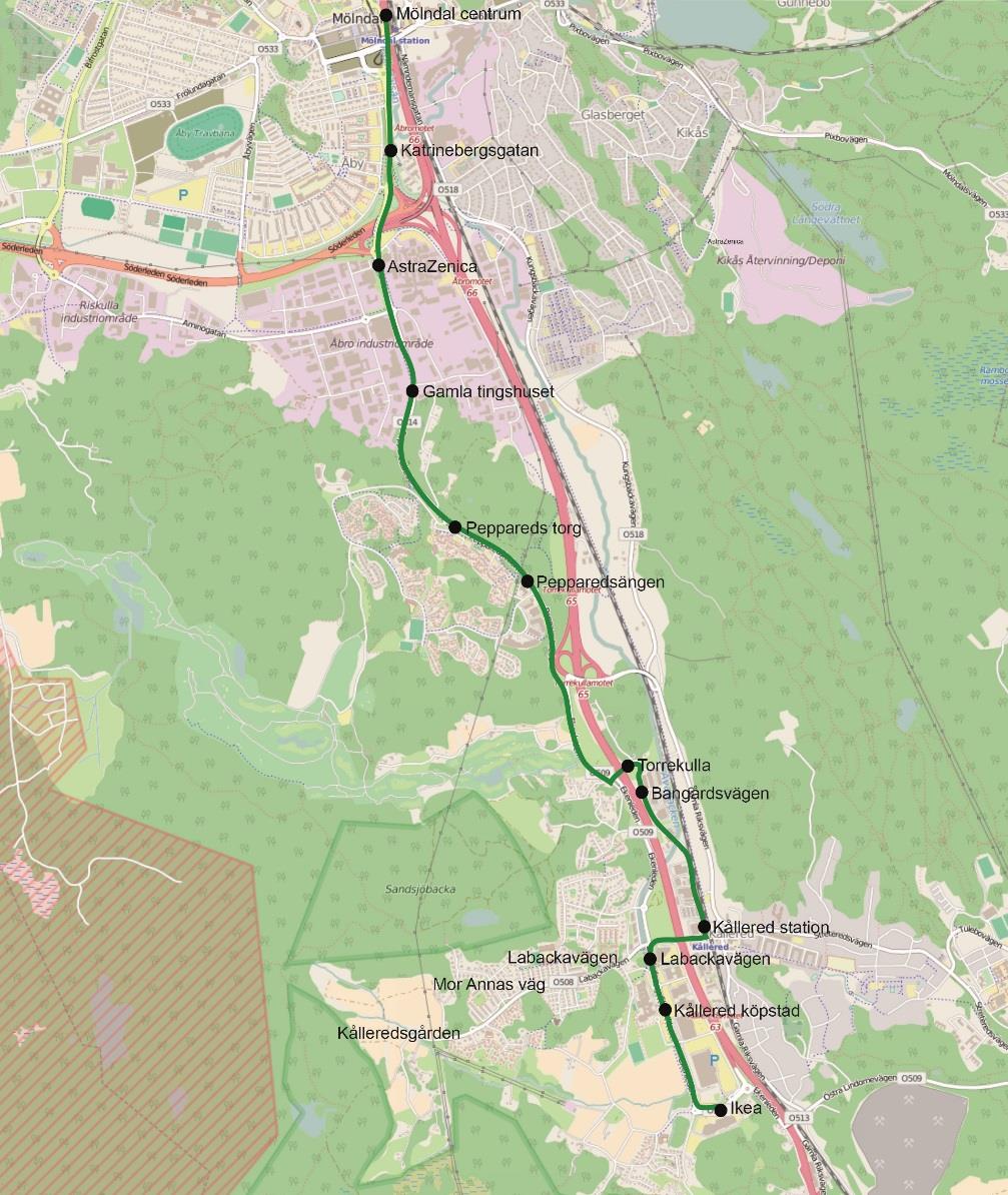 5.4 Alternativ 4, matning från Kållered med linje 765 Alternativ 4 är ett annat försök att med vissa justeringar av befintlig trafik erhålla ett upplägg som täcker kapacitetsbehovet och som är enkelt