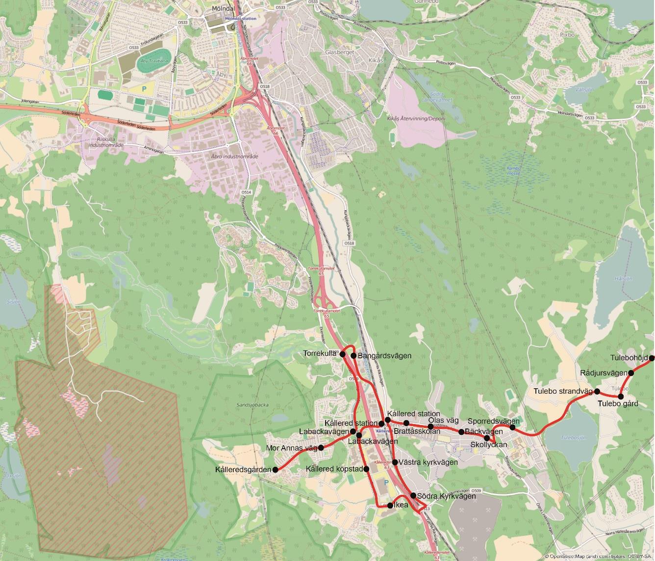 2.3 Linje 765 Kållered - Tulebo Linjen startar vid Kålleredgården och går via Torrekulla och Kållered station till Kållered köpstad och Ikea.