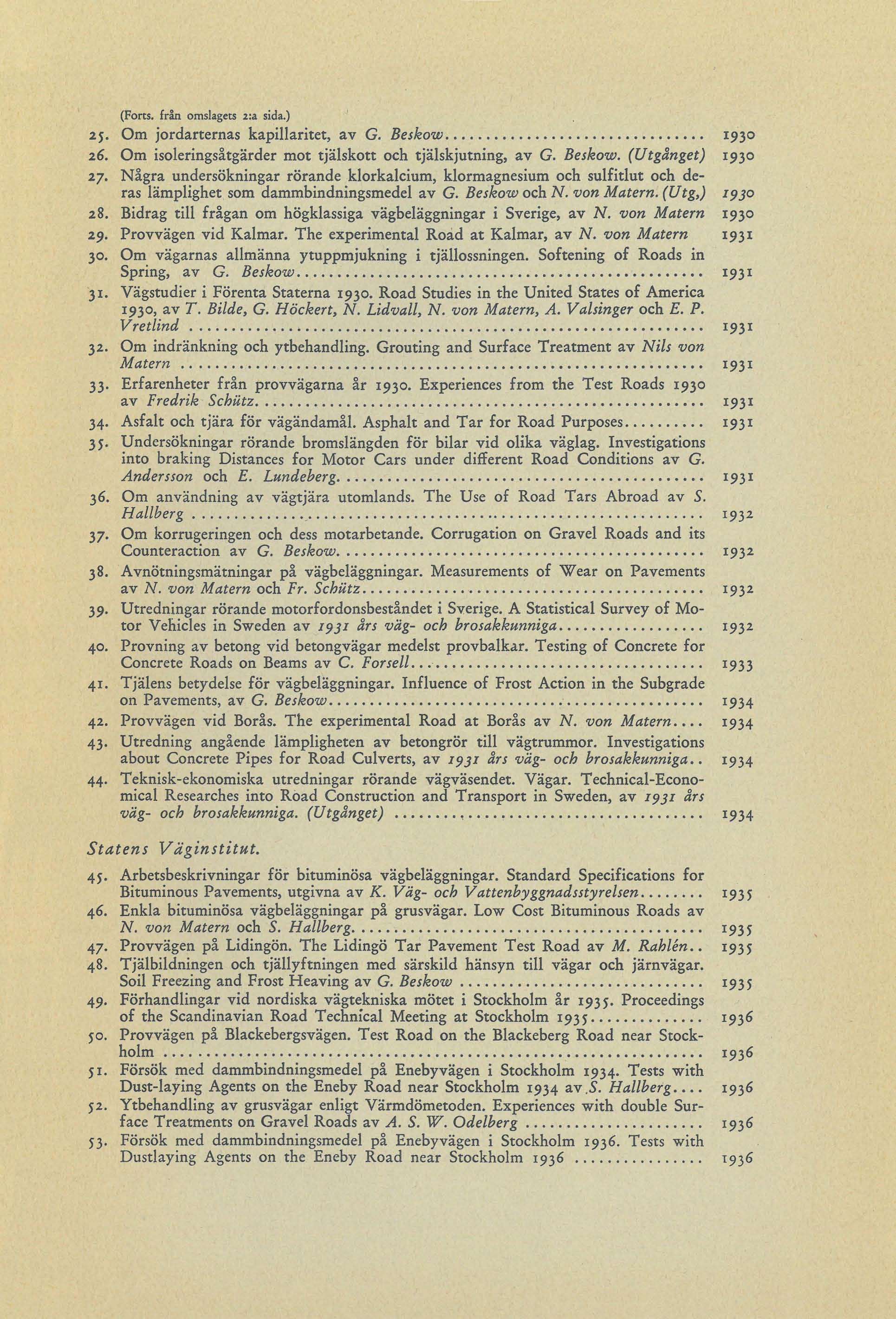 (Forts, från omslagets 2:a sida.) 2j. Om jordarternas kapillaritet, av G. Beskow... 1930 26. Om isoleringsåtgärder mot tjälskott och tjälskjutning, av G. Beskow. (Utgånget) 1930 27.