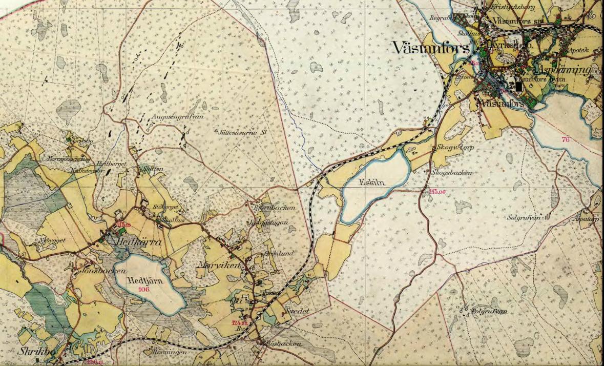 Källa; Bergskollegium, Riksarkivet Häradsekonomiska kartan Häradsekonomiska kartan från ca 1900 visar Västanfors (f.d. Aspbenning) Hedkärra samt längst ner på bilden Skrikbo.
