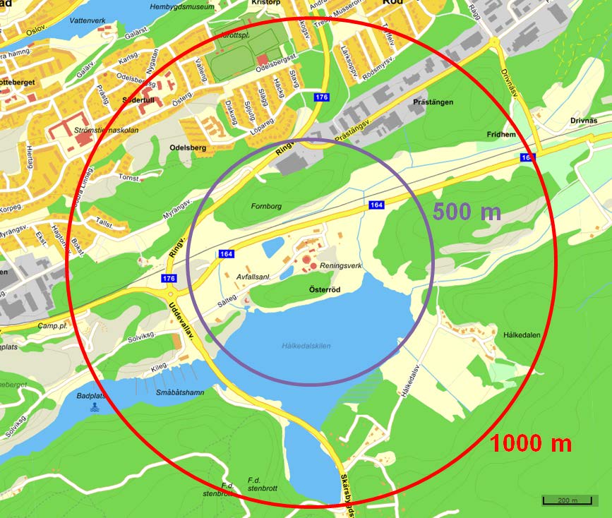 Figur 7.12.1 Österröds ARV med omgivningar Odelsberg, Hålkedalen, Prästängen samt delar av Södertull och Myren kommer att hamna innanför skyddsavståndet.