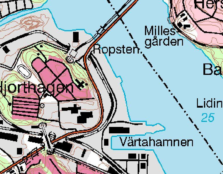 BILAGA A RAPPORT 33 (116) Figur 6 Topografisk karta över Hjorthagen med omgivningar (området för den berörda verksamheten är översiktligt markerade med röda rektanglar) Värtaverkets