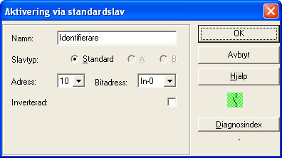 Konfigurering av n Aktivering via standardslav Symbol Funktionskomponent Aktivering via standardslav Typ Beteckning i konfigureringsprotokollet 84 enable start standard slave Varianter Inga
