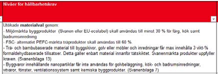 Material Dokumentation av SAMTLIGA byggvaror (enligt Miljöbyggnad och Riksbyggen) Utfasning av farliga ämnen (enligt Miljöbyggnad och Riksbyggen) Miljöbyggnad Guld Miljöbyggnad Silver Material