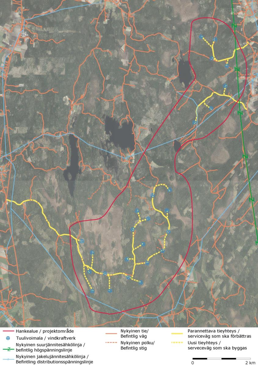FCG DESIGN OCH PLANERING AB Mikonkeidas vindkraftspark 185 Bild 11.1. Byggd miljö i närheten av projektområdet (Lantmäteriverket 2013)