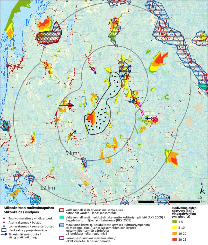 FCG DESIGN OCH PLANERING AB Mikonkeidas vindkraftspark 227 Bild 11.25. Resultat av synlighetsanalysen i det fall då vindkraftsparken förverkligas enligt det mest omfattande alternativet (Alt 2). 11.3.