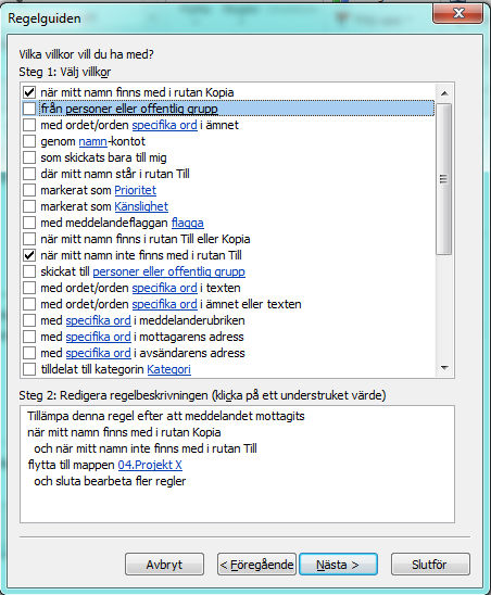 5.1.10 CC-Mapp Eftersom CC (när du är satt som kopia på ett mejl) inte kräver något agerande, kan det vara skönt att dessa mail automatiskt hamnar i en separat mapp.