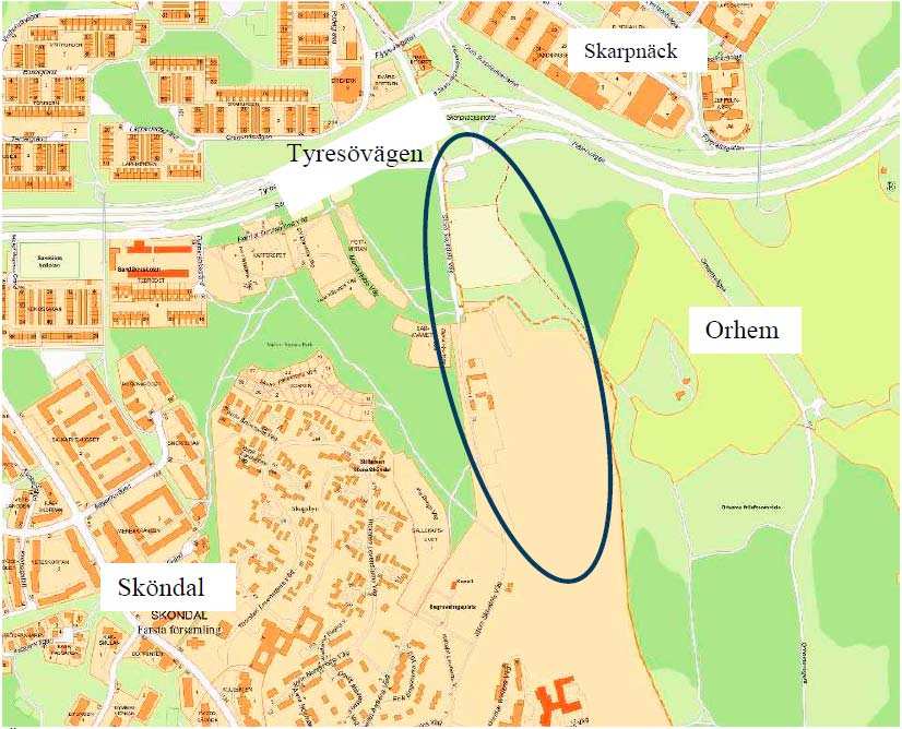 8 Denna Miljökonsekvensbeskrivning beskriver konsekvenserna av detaljplan för område vid Stora Sköndals väg vid fastigheterna Sköndal 1:1 och 1:7 i stadsdelen Sköndal i Stockholm.