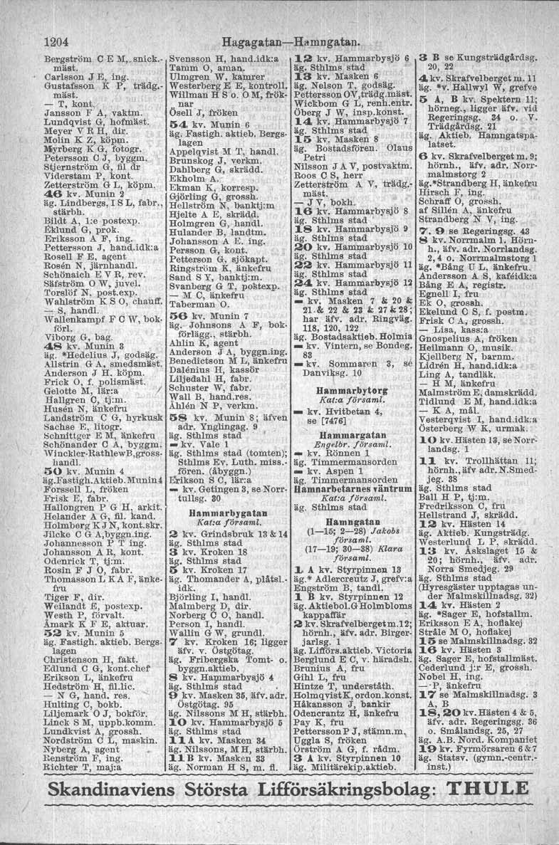 1204 Bergström C E M,. snick. mast, Oarfsson J E, ing. Gustafsson K P, trädg. mäst. - T, kont: Jansson F A, vaktm. Lundqvist G, hofmäst. Meyer V R H, dir. Molin K z, köpm. Miyrberg K G; fotogr.