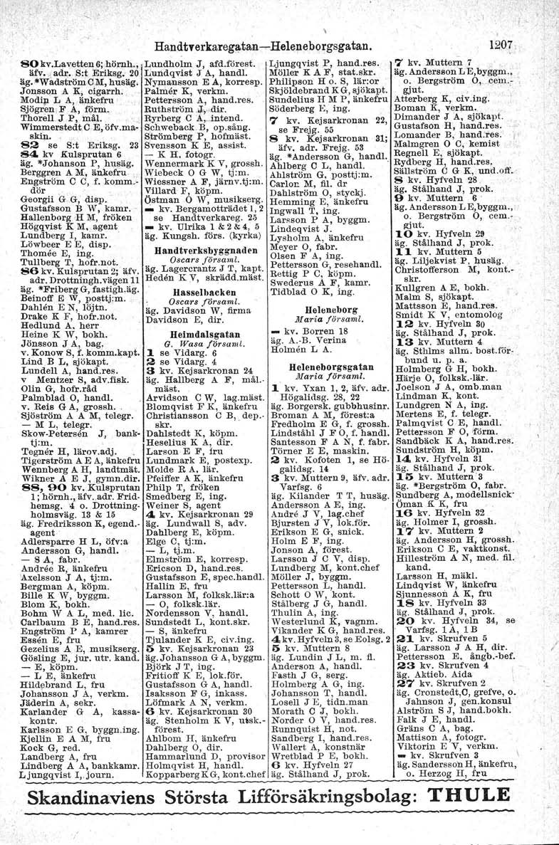 .1 HandtTerkaregatan- Helene borgsgatan. 1201. 80kv.Lavetten6; hörnh., Lundholm J, afd.i6rest. Ljungqvist P, hand.res. 7 kv, Muttern 7. äfv", adr, Sot Eriksg. 20 Lundqvist J A, handl.