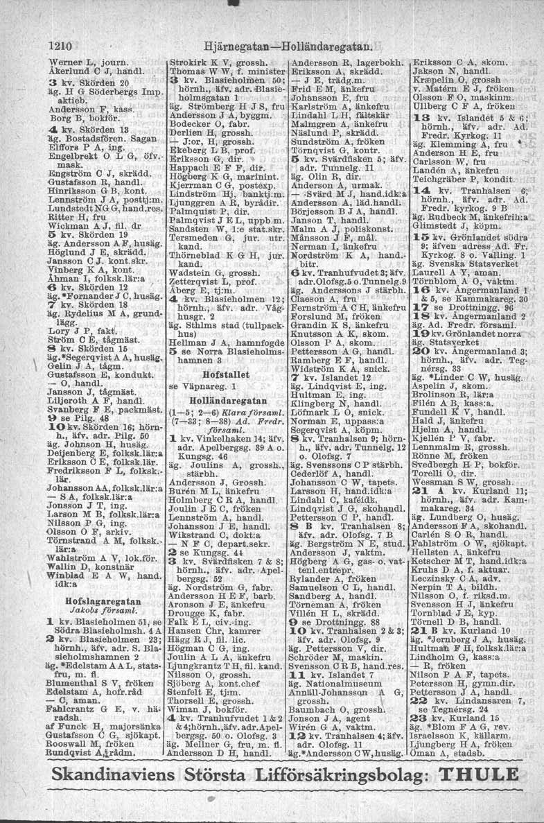 \ \ 1'210 Hjärneg-atan-Holländaregata.n., Werner L, journ. Strokirk K V, grossh, Andersson R, Iagerbokh, "Eriksson C A, skom. Åkerlund C J, handl. ~homas W W, f. minister Eriksson A, skrädd.