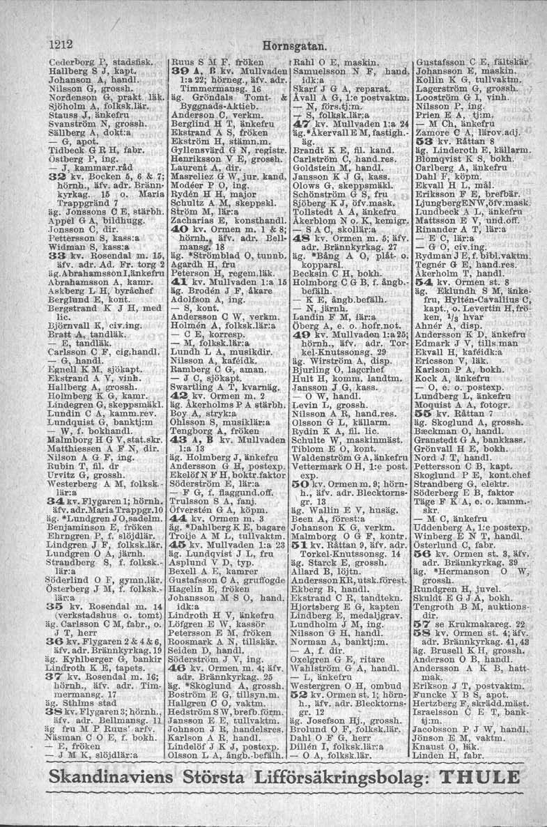 1212 Cederborg P, stadsäsk. Hallberg S J, kapt. Johanson A, hand!. Nilsson G, grossh.. Nordenson G, prakt, läk. Sjöholm A,,folksk.lij,r. Stausa J", änkefru Svanström N, grossh.
