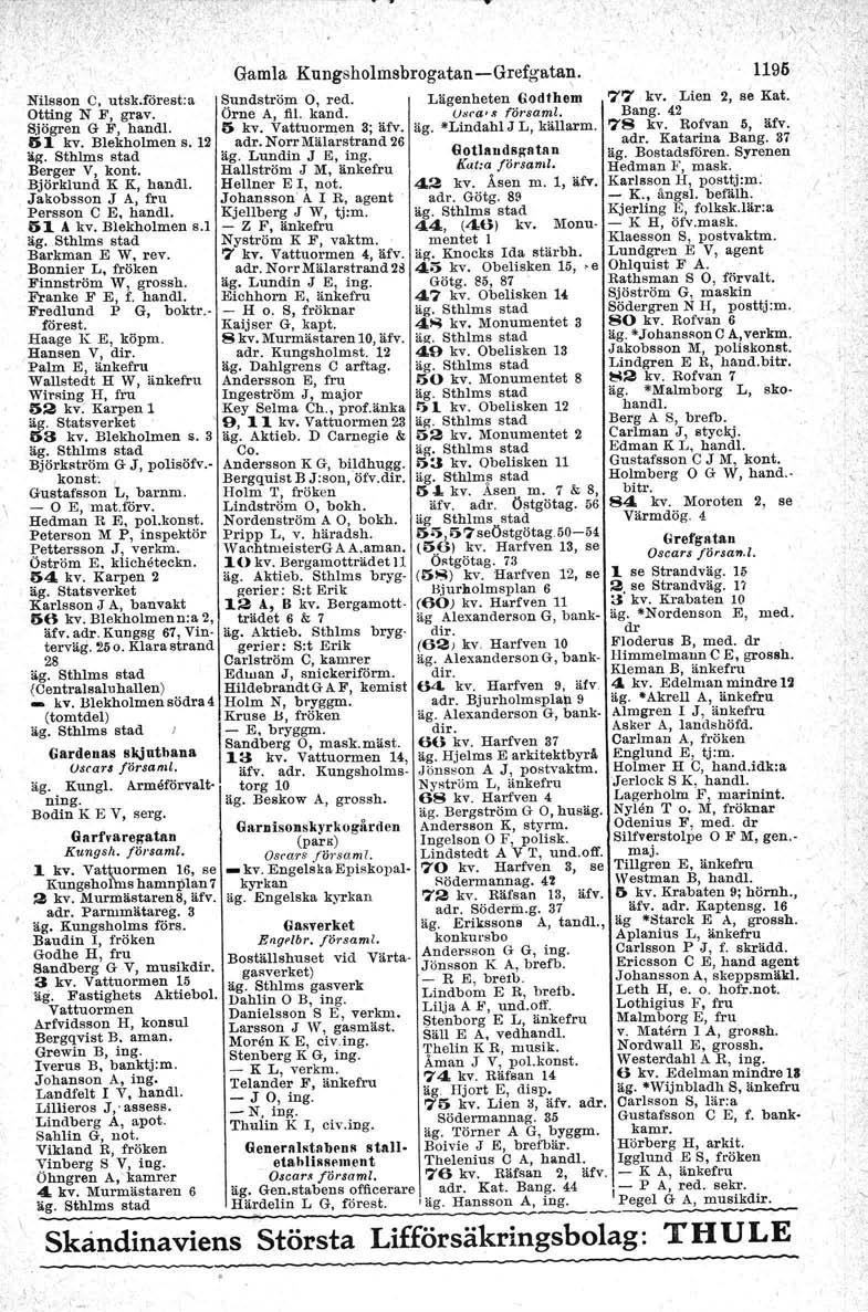 Gamla Kungsholmsbrogatan -Grefgatan. Nilsson C. utsk.förest:u Sundström 0, red. Lägenheten Godthem 77, kv. Lien 2, se Kat. Otting N F, grav. Örne A, fi!. kand. U., a ' försami. Bang.