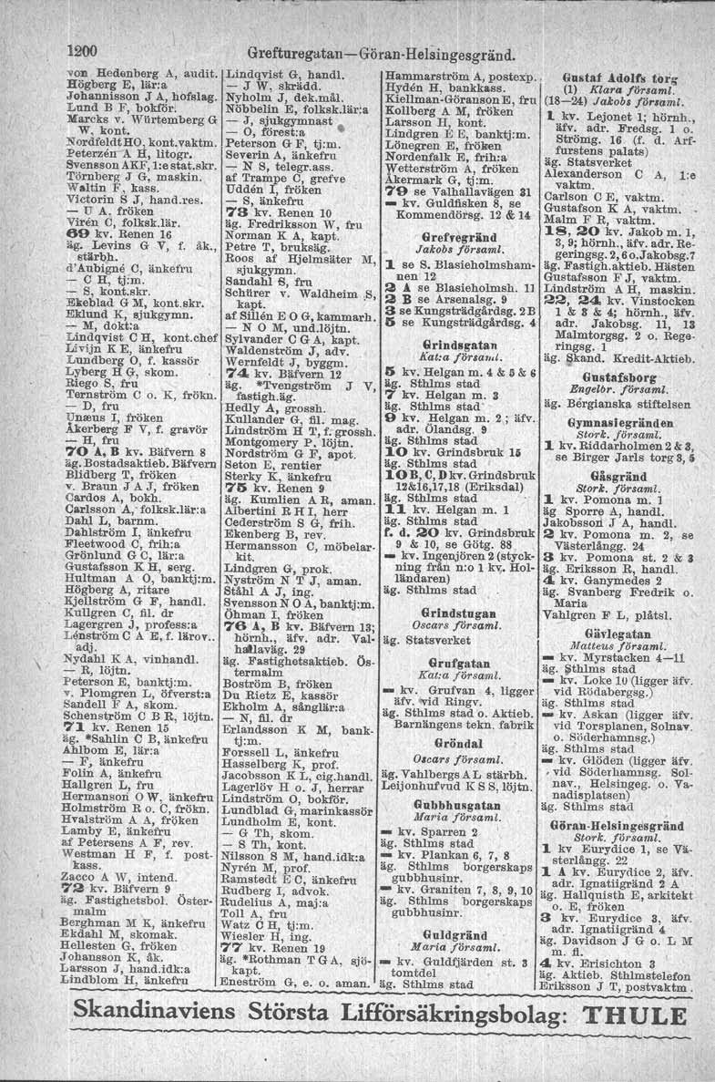 1200 Grefturegatan - Göran -Helaingesgränd. I von Hedenberg. AJ audit. Lindqvist G, handl, Hammarström AJpostexp.: Högberg E, lär:a - J W, skrädd. Hyden H, bankk ass.