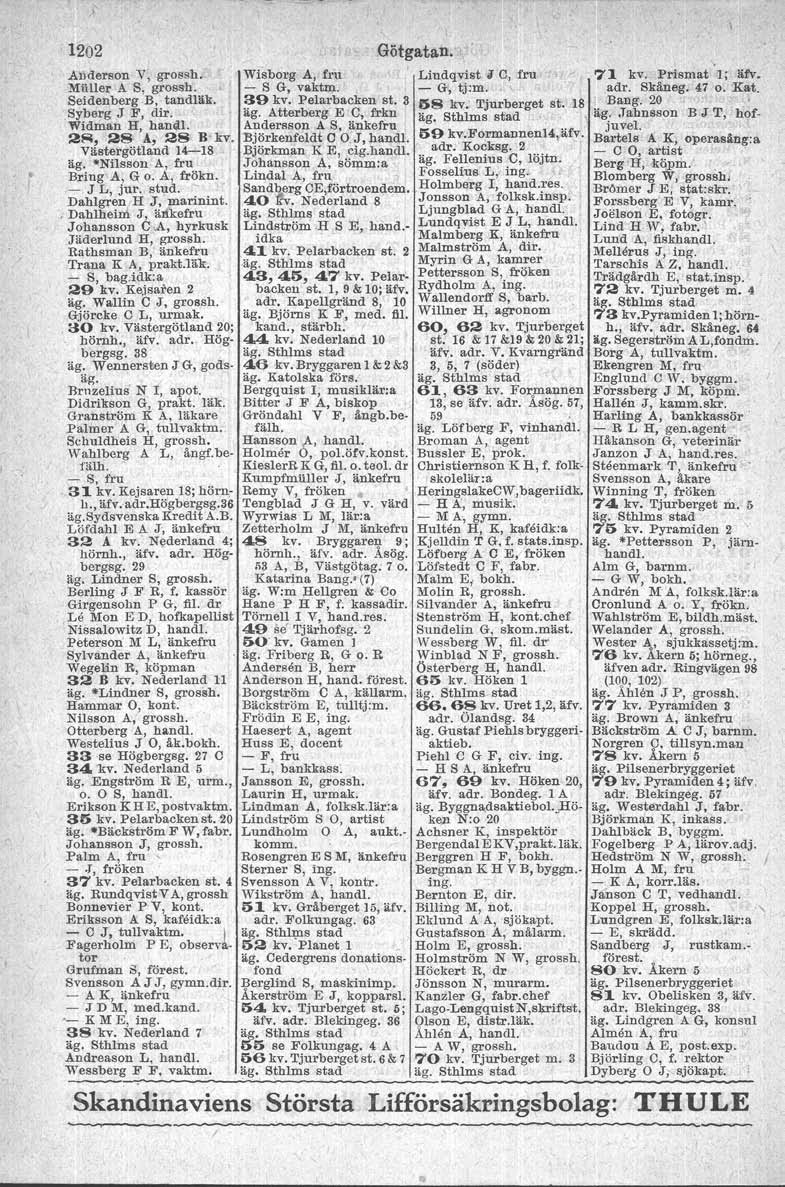 1202 Anderson V, grossh. MUller A S, groseb. SeidenbergB, tandläk..syberg J F, dir. Widman H, handl, 2~, 28 'Å, 28 B kv. Västergötland 14-18 äg. -Nilsson A, fru Bring A, G o. A, frökn. - J L, jur.