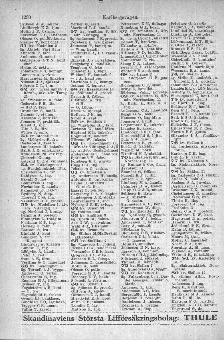 1230 'Erikson J A, lok.för. Lindbergh E Z, tj.m. Molin J P, barnm. Norström K G, lok.förest. Olsson 0, pol.öfv.konat, Sterner T, kont. chef 51 kv. Modellen 3 äg. Aktieb. Vårt Hem Almroth F.