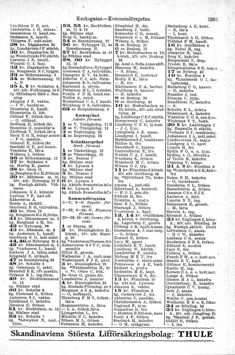 Kocksgatan - Kommendörsgatan Ltudb lorn E E, not.. ö3, öö kv, Beckbränn. Rönnblad H, dir. Lindström A G, inkass. m. 11 & 12 Sandberg J, bokh. Hosenblom O, hand.res, ag.