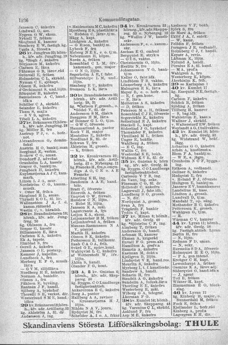 1236.Ianssou e, änkefru Lindwall G, ass. Nygren G W, skom.. Nytzell T, fröken Skoglund K, kamuer Stenberg E W, fastigh.äg. Uggla k, förest:a 26 kv. Jungfrun 22;hörnh., äfv. adr. Jungfrug.19 äg.