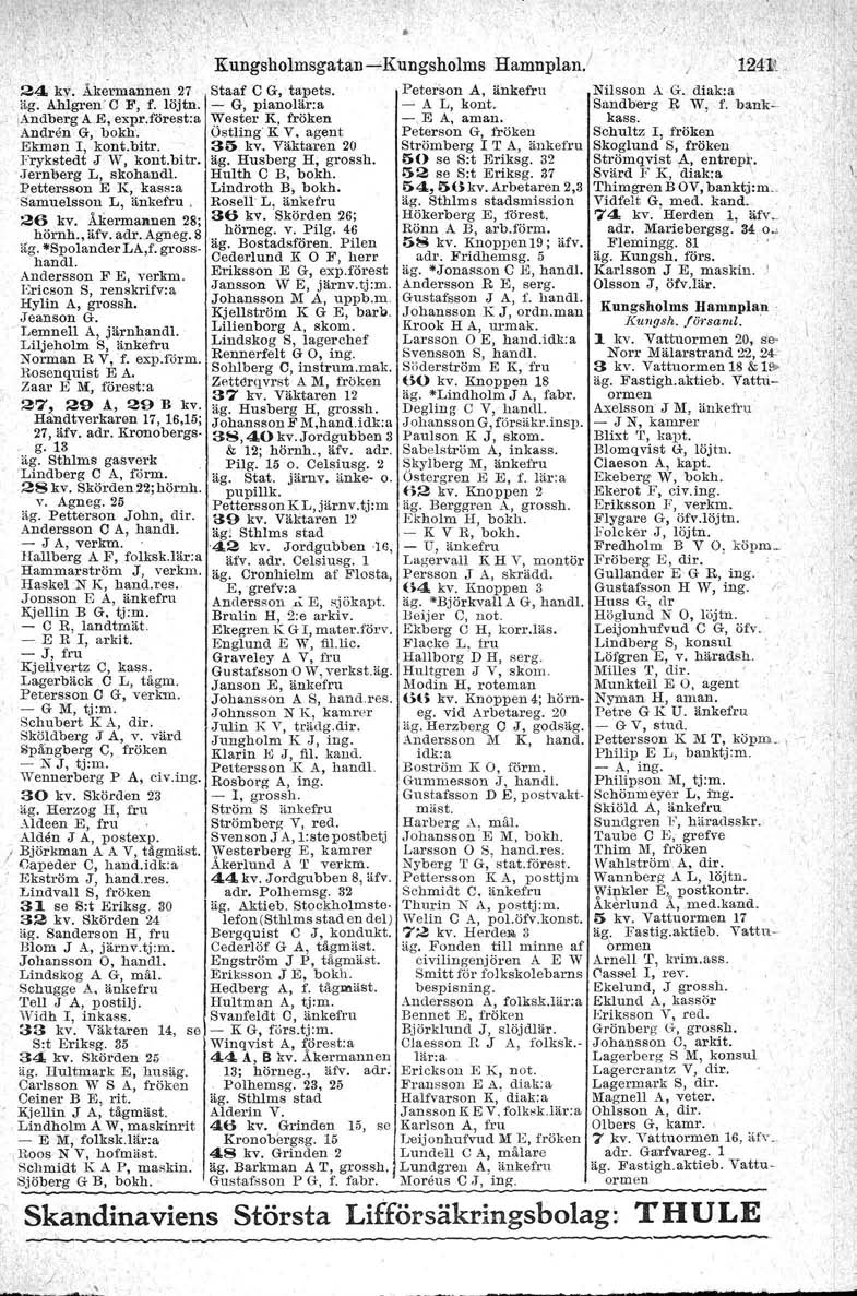 \.. \,, Kungstiolmsgatan-cliungsholms Hamnplan/ 24 k:~\ Akcl'IDSnnen 27 Staaf C G, tapets. Peterson A, änkefru äg~ Ahlgren"C F, f. löjtn. - G, pianolär:a - A L, kont..andberg A.E, expr.förest.