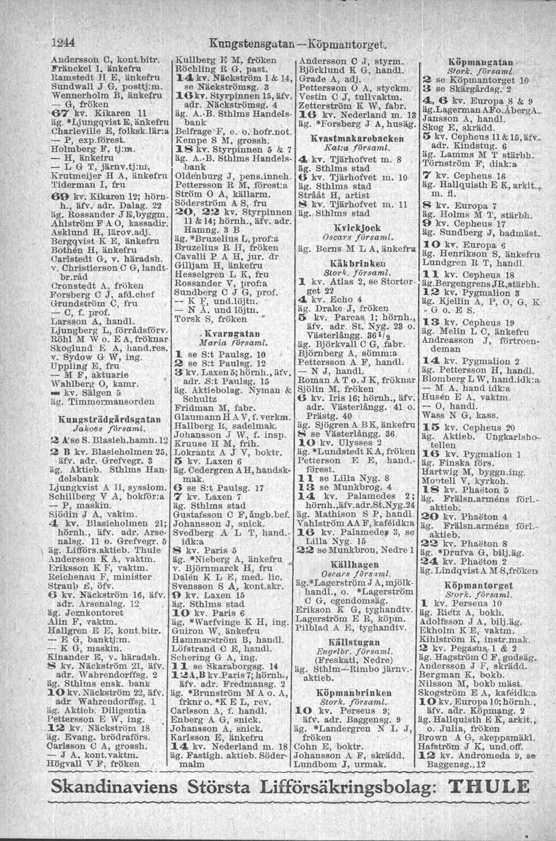 1244 Kungstensgatan - Köpmantorget. Andersson C, kont.bitr. Kullberg B M, fröken Andersson C J, styrm. Fränekel l, änkefru Röehling R G, past. Björklund K G, handl. Ramstedt H E, änkefru 14 kv.