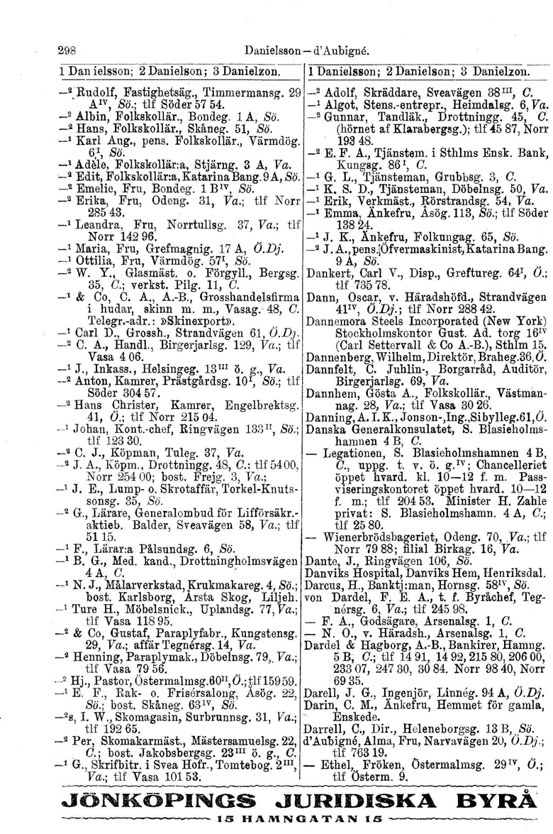 298 Dauielssou-s d'aubigue, 1 Dan ielsson: 2 Danielson;3])anielzon-. -- 1 Danielsson; 2 Danielson;3 Danielzon:--- I -~.Rudolf, Fastighetsäg., Timmermansg. 29 _2 Adolf, Skräddare, Sveavägen 38 m, C.