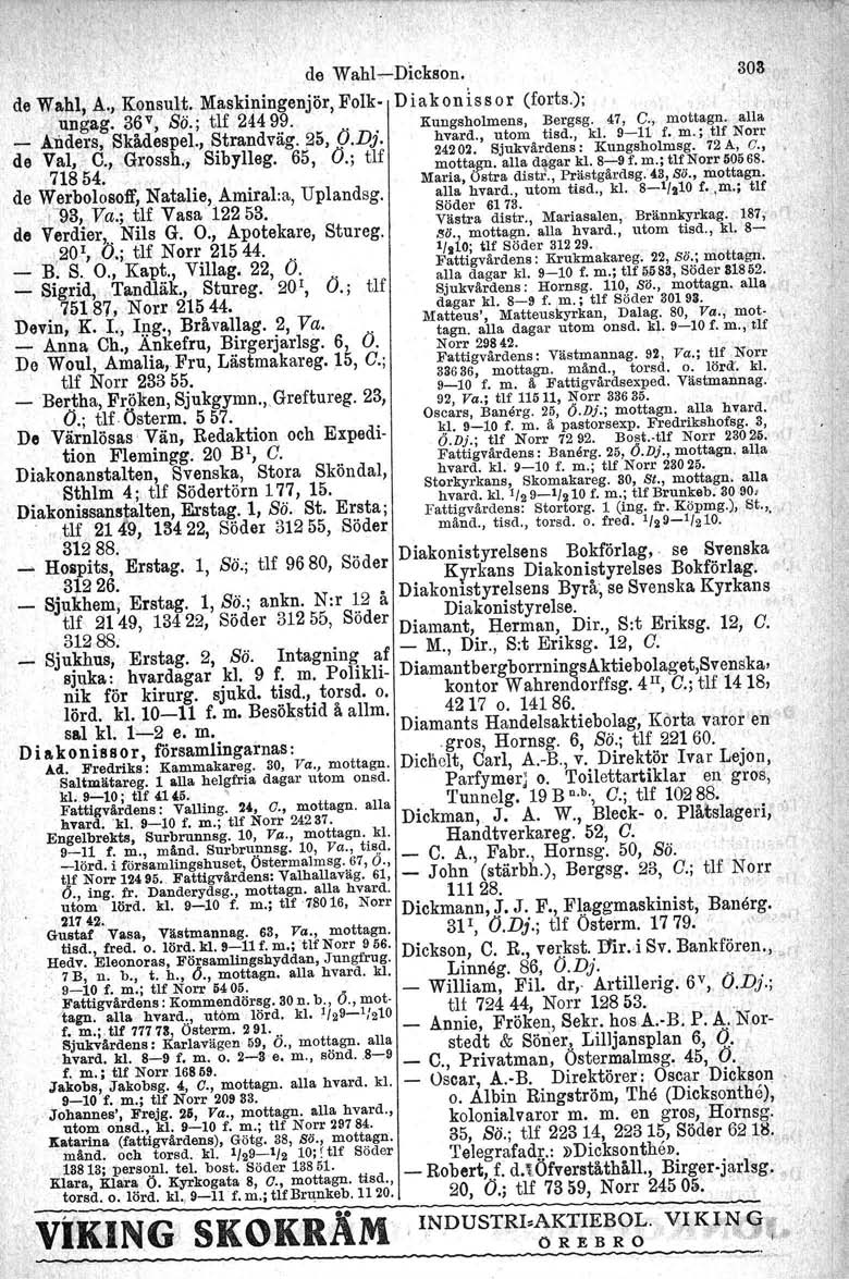 l" de Wahl~Dickson. 308 de Wahl, A., Konsult. Måskiningenjör, Folk- Diakonissor (forts); ungag. 36v,'Sö.j tlf 24499. Kungsholmens, Bergsg. 47, C., mottagn. alla _ A1lders, Skådespel., Strandväg.