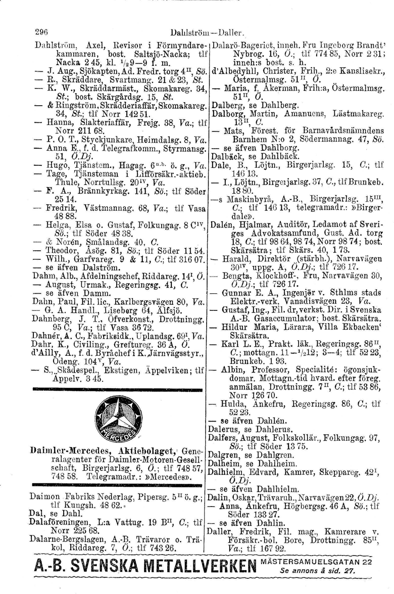 296 Dalrlström-i- Daller. Dahlström, Axel, Revisor i Förmyndare- Dalarö-Bageriet, inneh. Fru Ingeborg' Brandt' kammaren. bost. Saltsjö-Nacka; tlf Nybrog. Hi, O.; tlf 77485, Norr 231; Nacka 245, kl.