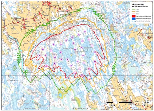 Prokon Wind Energy Finland Oy Storbötet vindkraftpark 71 kraftverken orsakar i form av kurvor som anger antalet totala skuggtimmar under året.