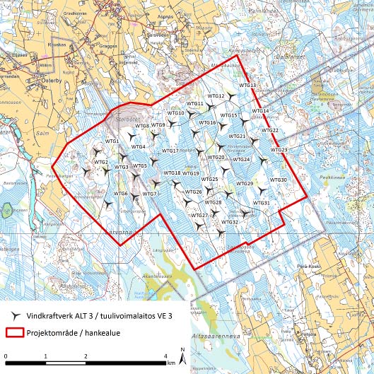 Prokon Wind Energy Finland Oy Storbötet vindkraftpark 22 Liksom i alternativ 1 ska de vägar som behövs för vindkraftverken i möjligast mån följa befintliga vägar, som iståndsätts så att de lämpar sig