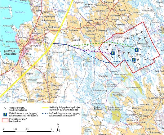 Prokon Wind Energy Finland Oy Storbötet vindkraftpark 23 Kojola i nordost-sydvästlig riktning på cirka 4,6 kilometers avstånd väster om projektområdet.