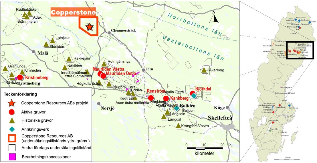 Copperstoneprojektet: förstklassig lokalisering Copperstoneprojektet i Arvidsjaur kommun, anslutning till Skelleftefältet, ett av världens mineralrikaste områden Bilväg på området