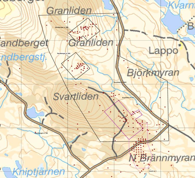 Copperstoneprojektet: mineraltillgångar 1 beviljad bearbetningskoncession - Svartliden K nr1 1 ansökt bearbetningskoncession Eva-förekomsten Total antal borrhål: 260 st, 36 140 m; geofysisk