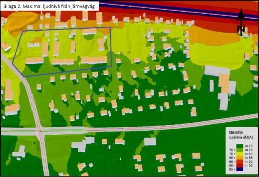 11 (17) Den maximala ljudnivån från väg. Planområdesgränsen är markerad i blått. Bild: MiljöInvest AB. Bullerutredning, Allévägen/Stamgatan i Heby kommun. Den maximala ljudnivån från järnväg.