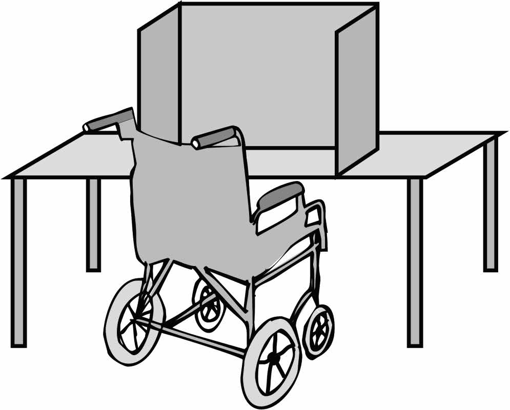 28 Med tanke på rullstolsburna bör det dessutom på vart och ett röstningsställe finnas ett röstningsbås i vilket man ryms med rullstol eller, om ett tillgängligt röstningsbås inte kan ordnas, ett