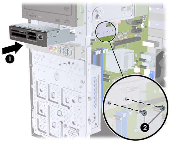 Installera en enhet i en extern 3,5-tumsenhetsplats Den externa 3,5-tums enhetsplatsen på datorns framsida kan konfigureras med en mediekortläsare eller en diskettenhet. 1.
