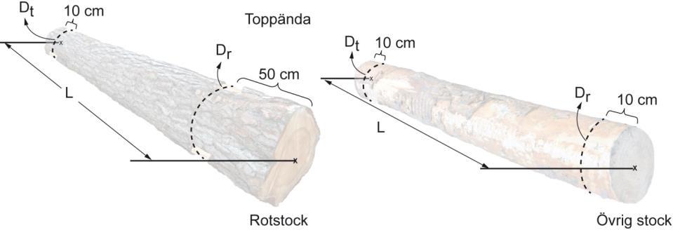 3.1. Topprotmätning - m³fub Topprotmätning innebär att stockens volym bestäms med hjälp av två diametermått; ett från rotändan och ett från toppändan.