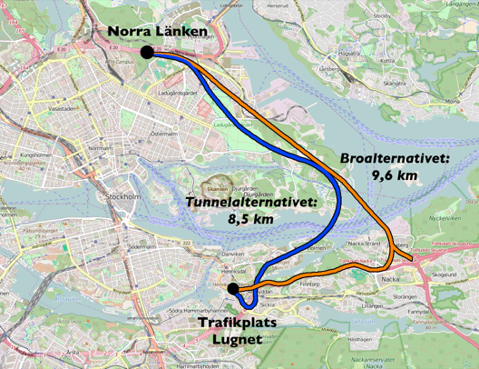 Avståndsjämförelse Nacka Forum Norra Länken. Tunnelalternativet i blått, Österbroalternativet i orange. Nacka Centrum får en ny snabb direktförbindelse med innerstaden och Norrort.