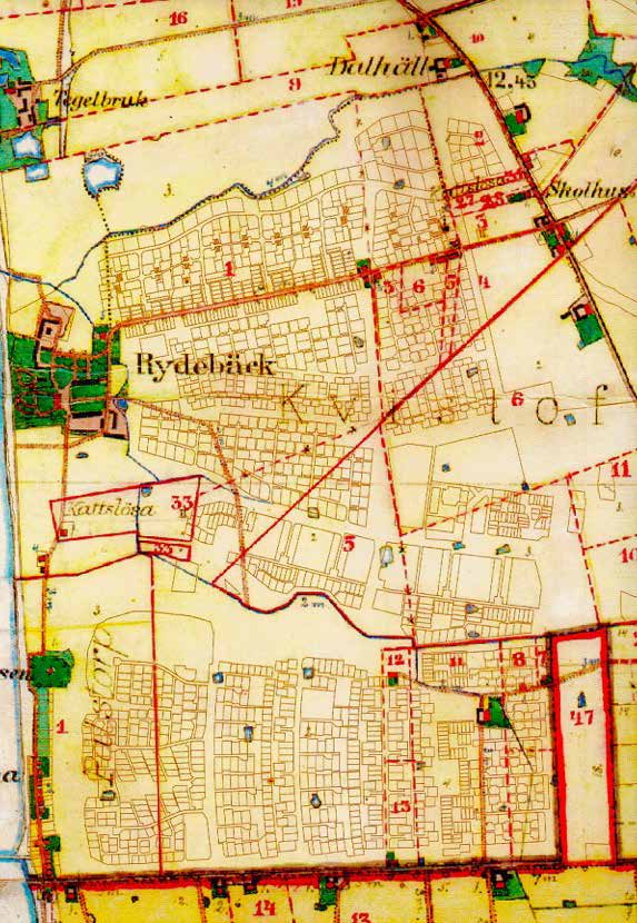 Karta med dåoch nutid Rydebäcks samhälle (från kring 2008) inritat på den gamla Häradsekonomiska kartan fråm 1912.