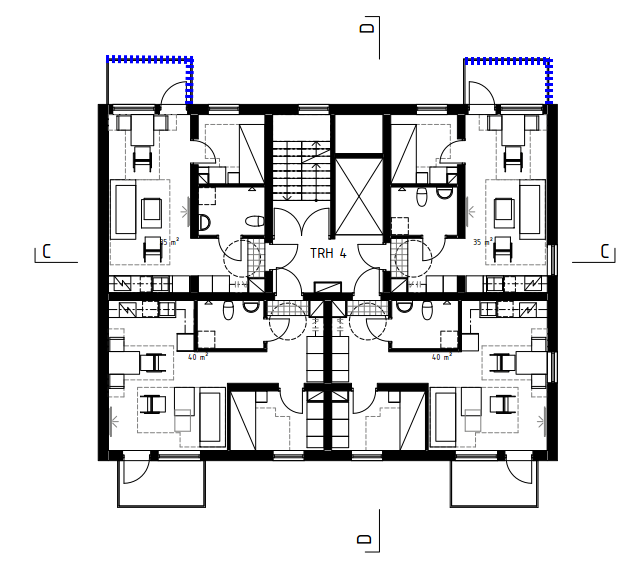 Figur 2: Typlösning för balkonger på hus 2. En tät skärm/glasparti uppförs mellan golv och tak (balkong ovanför). Ljudabsorbent monteras i taket (undersidan av balkong).