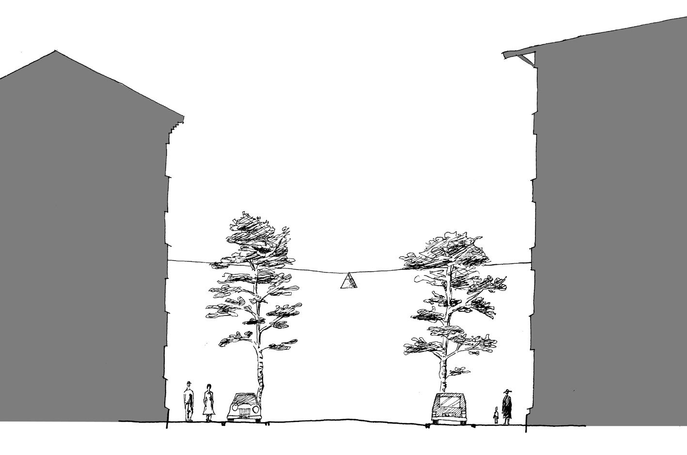 58 Sektion genom Tallgatan, 16 meter bred med gatuparkering på båda sidor om den 7 meter breda asfalterade körbanan.