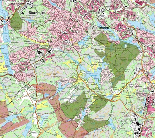 Analys I kartan visas de nio områden i Huddinge kommun som kontoret har identifierat som intressanta för en eventuell framtida exploatering.