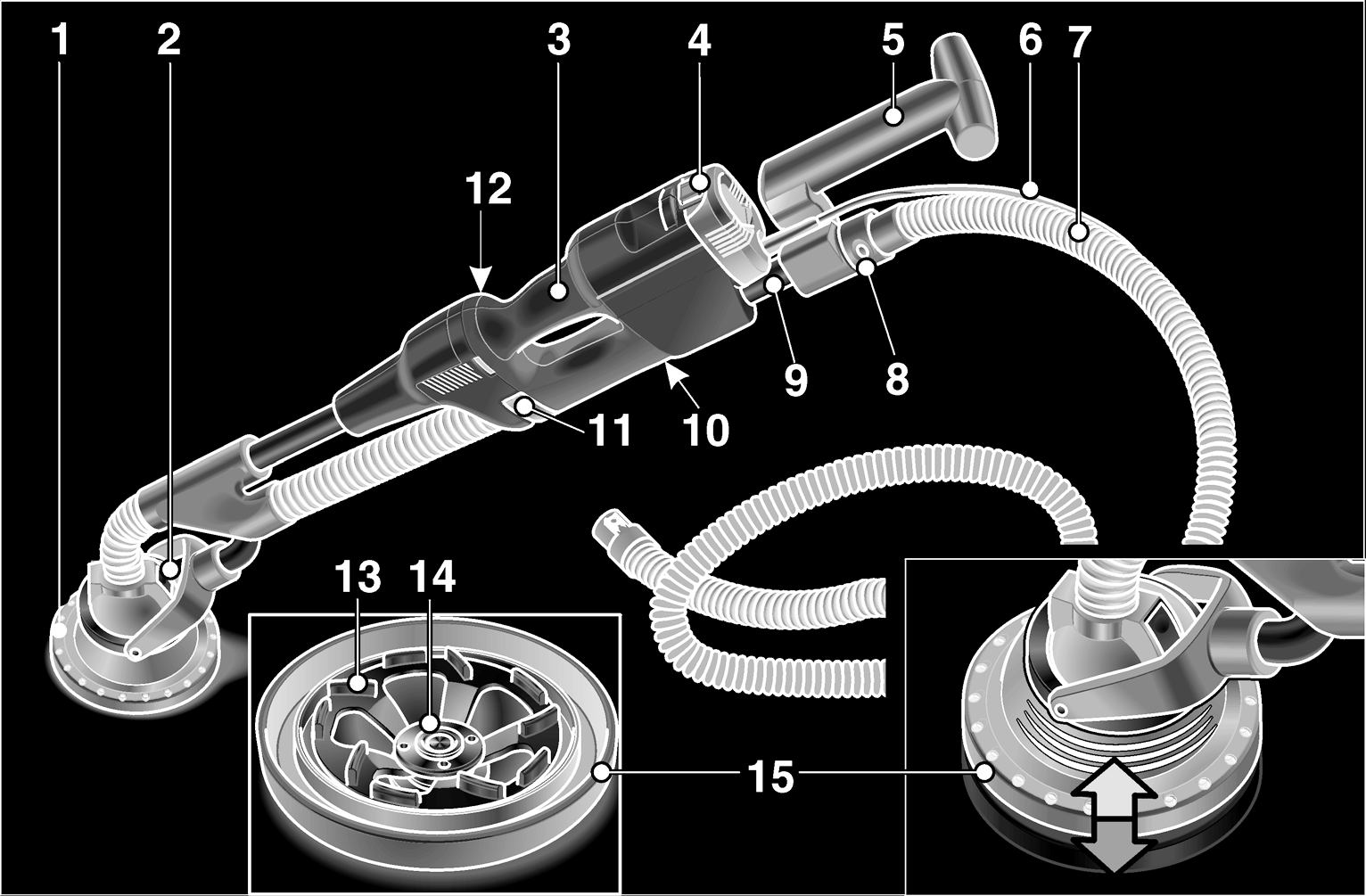 Översikt 1 Sliphuvud 2 Verktygsväxelhuvud med kardanlager 3 Handtag 4 Strömställare (för till- och frånslagning) 5 Bakre handtag 6 Nätsladd 4,0 m med stickkontakt 7 Sugslang 4,0 m 8