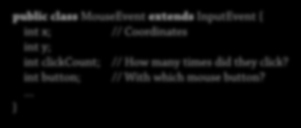 Events 1: Introduction When a mouse button has been pressed: AWT receives raw keyboard/mouse input from the OS In a background event dispatch thread (your "assistant") Generates low-level event