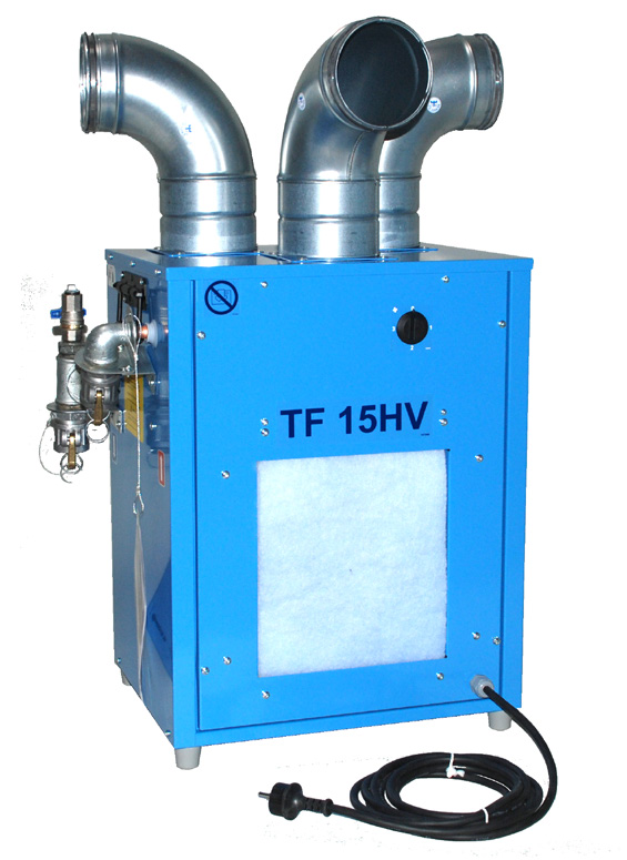 TF 15HV - Klarar att värma upp ytor upp till 300m 2 Hetvattenfläkt för lägenheter, trapphus och eventtält mm Energieffektiv Den lilla maskinen med stor kapacitet TF 15HV är utvecklad för att värma