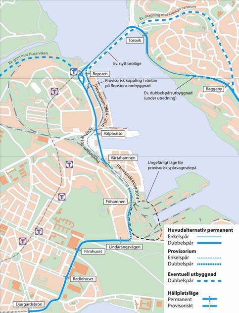 Föreslagen sträckning, permanent och provisorisk (Källa: SL) Kontorens och Hamnens yttrande Spårväg Citys föreslagna sträckning genom Norra Djurgårdsstaden innebär att stadsutvecklingsområdet tidigt