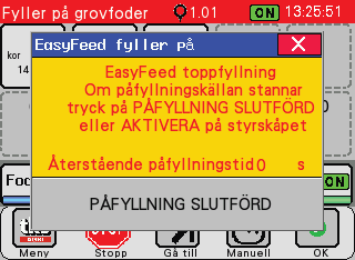 4.3.5 Påfyllning Manuell När vagnen är tom och manuell påfyllning har valts visas detta fönster. Vagnen skickas tillbaka till parkeringspositionen.