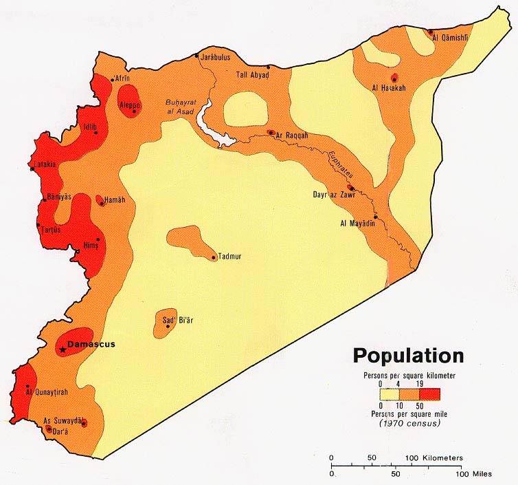 Flkd Kristofer Bengtsson Sida 42(49) 2. Karta beskrivande Syriens population i personer/km² från 1970 110 Den större delen av befolkningen återfinns i nordväst.