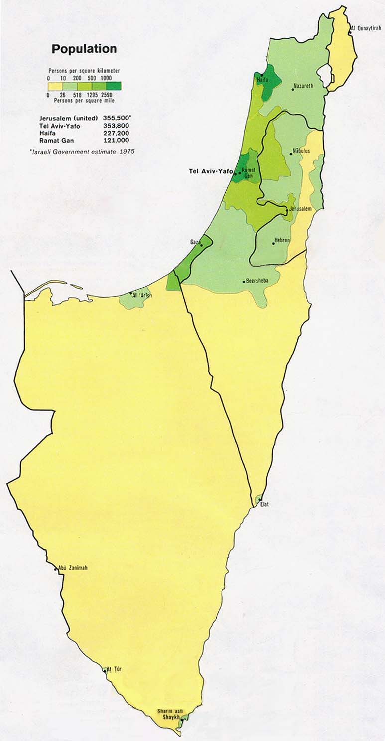 Flkd Kristofer Bengtsson Sida 43(49) 3. Karta beskrivande Israels population i personer/ km² från 1975 112 Den större delen av befolkningen återfinns i norr.