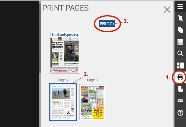 Spara som PDF på MAC För att spara ner en hel utgåva som pdf, klickar du på ikonen Spara numret som pdf i högerkant. Vill du spara ner enstaka sidor som pdf klickar du istället på skrivarikonen (1).